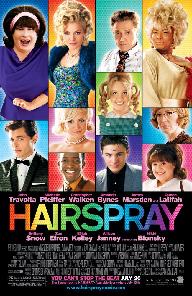 HAIRSPRAY, top row: John Travolta, Michelle Pfeiffer, Christopher Walken, Queen Latifah, middle row, from center: Brittany Snow, Amanda Bynes, Allison Janney, bottom row: James Marsden, Elijah Kelley, Zac Efron, Nikki Blonsky, 2007. ©New Line