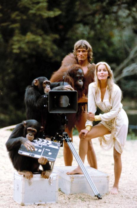TARZAN, THE APE MAN, Miles O'Keeffe, Bo Derek, with friends, 1981.